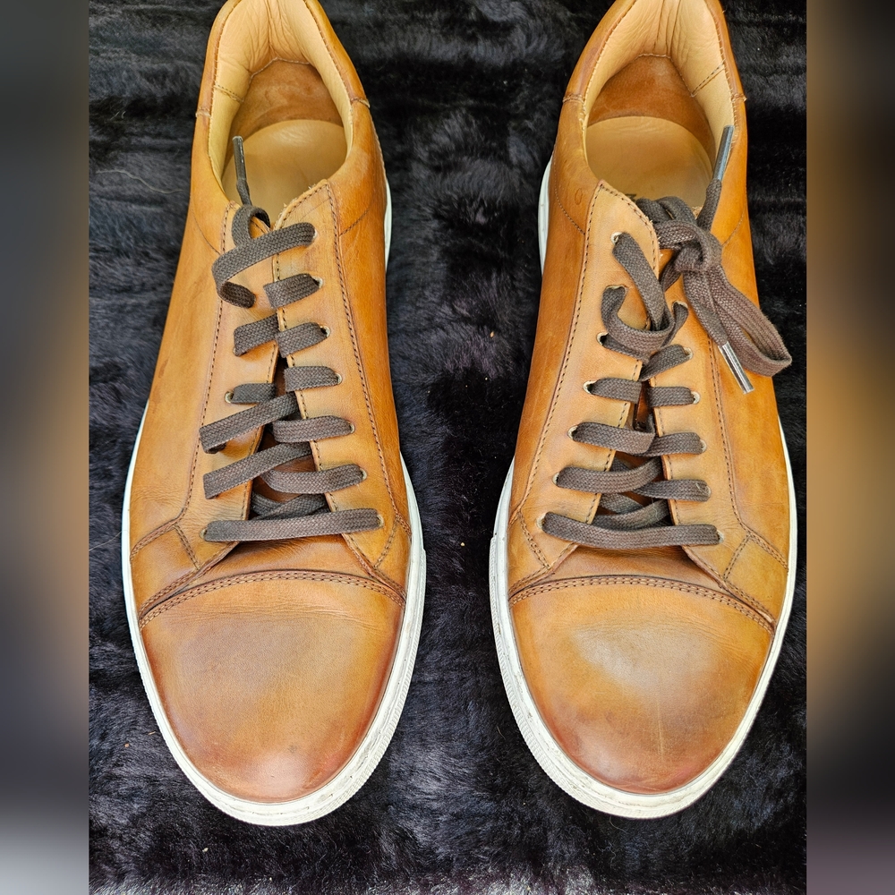 Magnanni Leather Sleek Cognac Sneakers with Breathable Mesh and Cushioned Sole